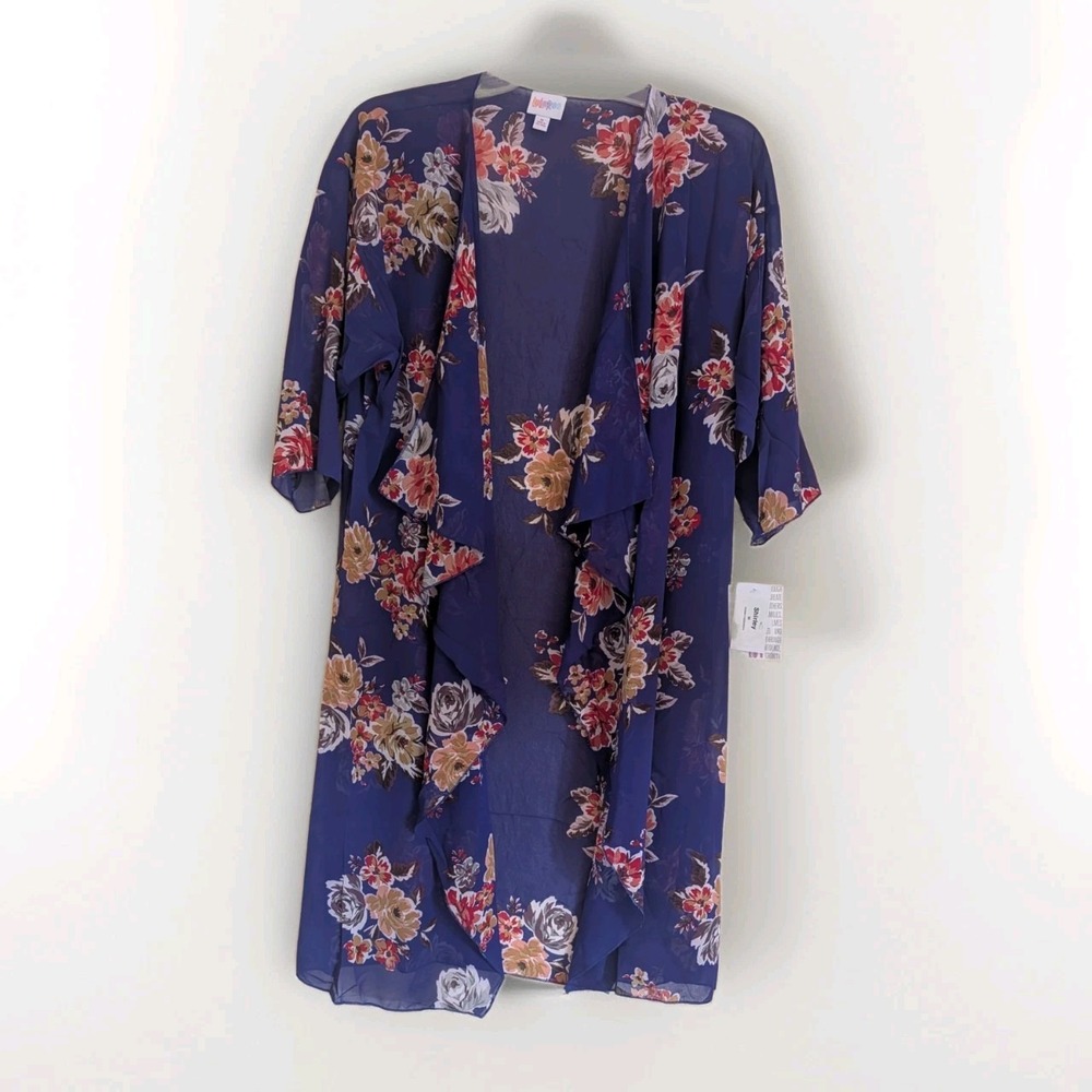 LuLaRoe Shirley Blue Sheer Roses Floral Long Cardigan Kimono Cover Up M